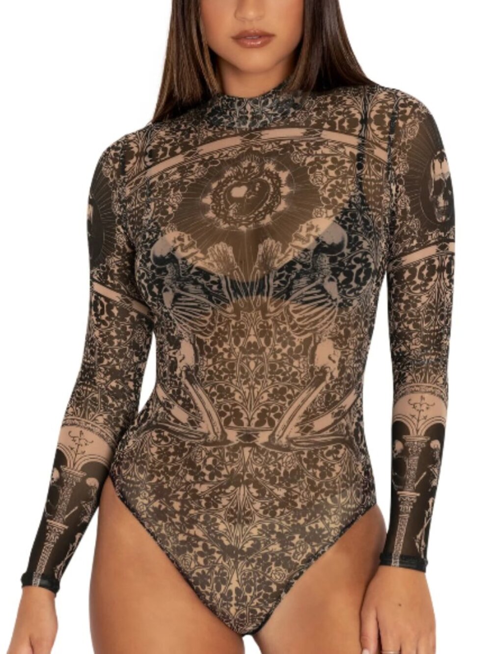 Blackmilk - Black Sacrifice Beige Sheer High Neck Longsleeve Bodysuit - Limited